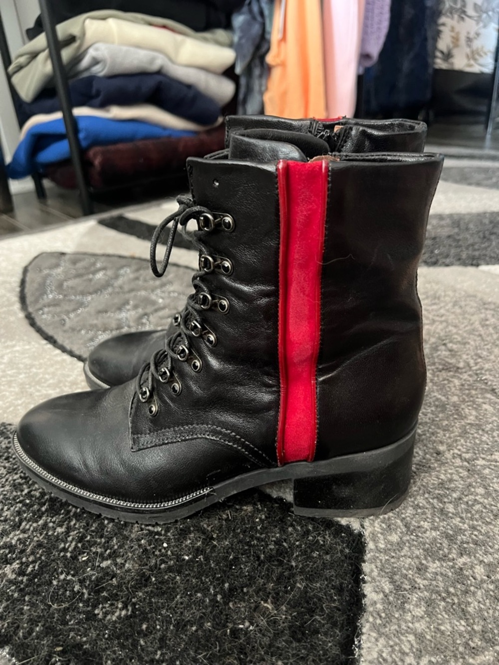Black Leather Lace-Up Combat Boots with Red Accent 10
